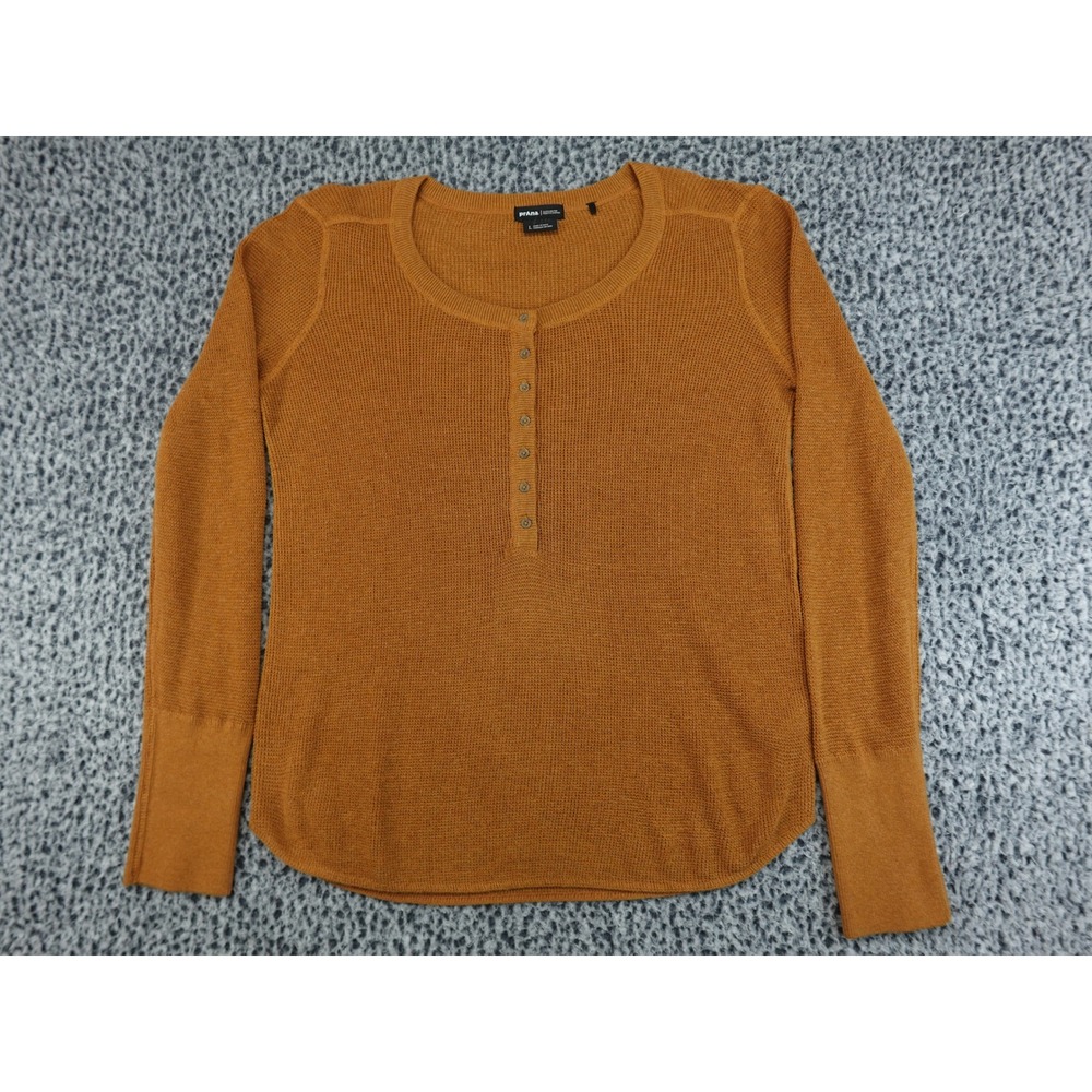Prana Henley Sweater Womens Large Orange Waffle Knit Scoop Neck Long Sleeve